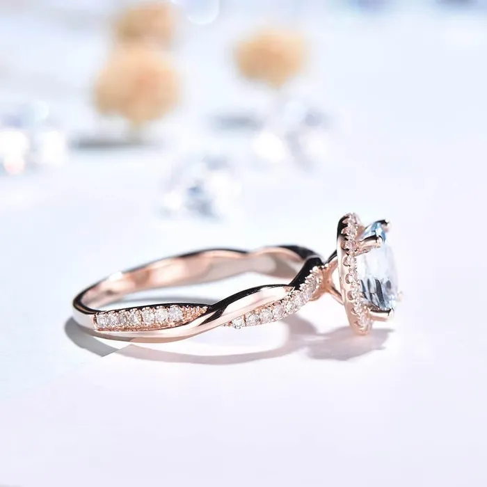 PENFINE Rings Twisted Aquamarine Enggament Ring Halo Diamond