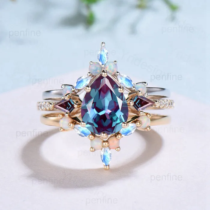 PENFINE Rings Vintage Pear Shaped Alexandrite Engagement Ring Set Retro Opal Moonstone Stacking Wedding ring Set Cute Art Deco Unique Bridal Set For Women PENFINE Rings Vintage Pear Shaped Alexandrite Engagement Ring Set Retro Opal Moonstone Stacking Wedding ring Set Cute Art Deco Unique Bridal Set For Women