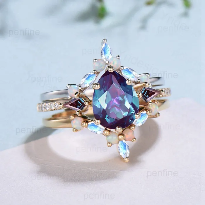 PENFINE Rings Vintage Pear Shaped Alexandrite Engagement Ring Set Retro Opal Moonstone Stacking Wedding ring Set Cute Art Deco Unique Bridal Set For Women PENFINE Rings Vintage Pear Shaped Alexandrite Engagement Ring Set Retro Opal Moonstone Stacking Wedding ring Set Cute Art Deco Unique Bridal Set For Women
