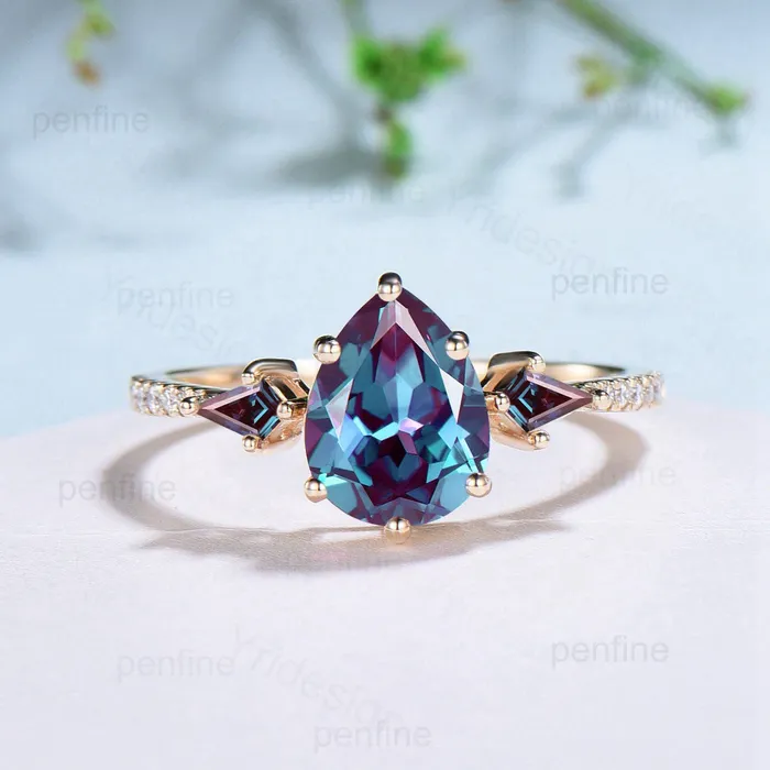 PENFINE Rings Vintage Pear Shaped Alexandrite Engagement Ring Set Retro Opal Moonstone Stacking Wedding ring Set Cute Art Deco Unique Bridal Set For Women PENFINE Rings Vintage Pear Shaped Alexandrite Engagement Ring Set Retro Opal Moonstone Stacking Wedding ring Set Cute Art Deco Unique Bridal Set For Women
