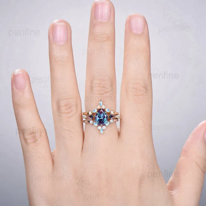 PENFINE Rings Vintage Pear Shaped Alexandrite Engagement Ring Set Retro Opal Moonstone Stacking Wedding ring Set Cute Art Deco Unique Bridal Set For Women PENFINE Rings Vintage Pear Shaped Alexandrite Engagement Ring Set Retro Opal Moonstone Stacking Wedding ring Set Cute Art Deco Unique Bridal Set For Women