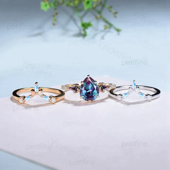 PENFINE Rings Vintage Pear Shaped Alexandrite Engagement Ring Set Retro Opal Moonstone Stacking Wedding ring Set Cute Art Deco Unique Bridal Set For Women PENFINE Rings Vintage Pear Shaped Alexandrite Engagement Ring Set Retro Opal Moonstone Stacking Wedding ring Set Cute Art Deco Unique Bridal Set For Women