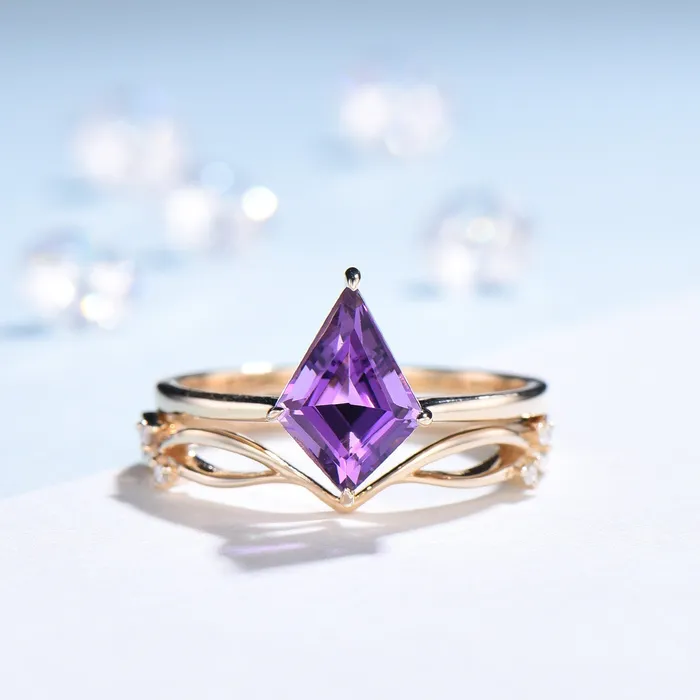 Rings 7x10mm Kite Cut Amethyst Ring Set Solitaire 15CT Purple Amethyst Engagement Ring Simple Rose Gold February Birthstone Wedding Bridal Set PENFINE