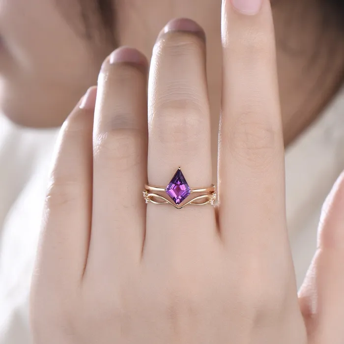 Rings 7x10mm Kite Cut Amethyst Ring Set Solitaire 15CT Purple Amethyst Engagement Ring Simple Rose Gold February Birthstone Wedding Bridal Set PENFINE