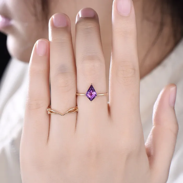 Rings 7x10mm Kite Cut Amethyst Ring Set Solitaire 15CT Purple Amethyst Engagement Ring Simple Rose Gold February Birthstone Wedding Bridal Set PENFINE