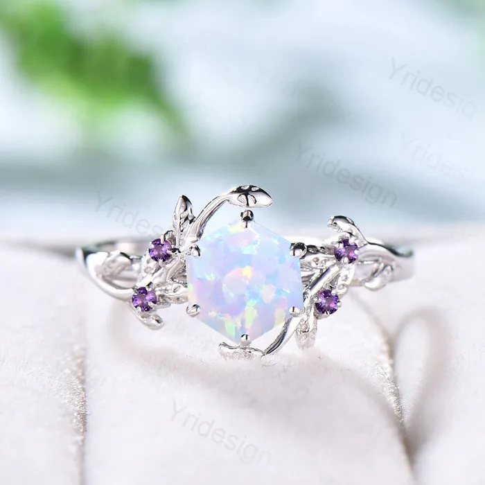 Rings Elegant White Opal Engagement Ring Vintage Unique Hexagon Fire Opal Ring Natural Inspired Leaf Vine Cluster Amethyst Wedding Ring Women Gift PENFINE Rings Elegant White Opal Engagement Ring Vintage Unique Hexagon Fire Opal Ring Natural Inspired Leaf Vine Cluster Amethyst Wedding Ring Women Gift PENFINE