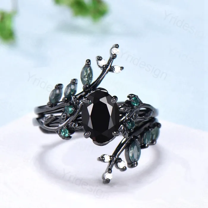 Rings PENFINE Unique gothic black gold onyx engagement ring set leaf nature inspired emerald wedding ring set twig vine marquise moss agate bridal set Rings PENFINE Unique gothic black gold onyx engagement ring set leaf nature inspired emerald wedding ring set twig vine marquise moss agate bridal set