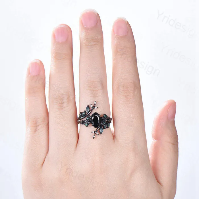 Rings PENFINE Unique gothic black gold onyx engagement ring set leaf nature inspired emerald wedding ring set twig vine marquise moss agate bridal set Rings PENFINE Unique gothic black gold onyx engagement ring set leaf nature inspired emerald wedding ring set twig vine marquise moss agate bridal set