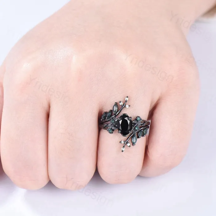 Rings PENFINE Unique gothic black gold onyx engagement ring set leaf nature inspired emerald wedding ring set twig vine marquise moss agate bridal set Rings PENFINE Unique gothic black gold onyx engagement ring set leaf nature inspired emerald wedding ring set twig vine marquise moss agate bridal set