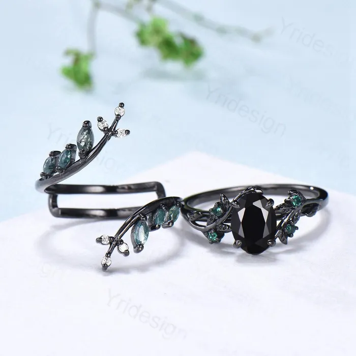 Rings PENFINE Unique gothic black gold onyx engagement ring set leaf nature inspired emerald wedding ring set twig vine marquise moss agate bridal set Rings PENFINE Unique gothic black gold onyx engagement ring set leaf nature inspired emerald wedding ring set twig vine marquise moss agate bridal set