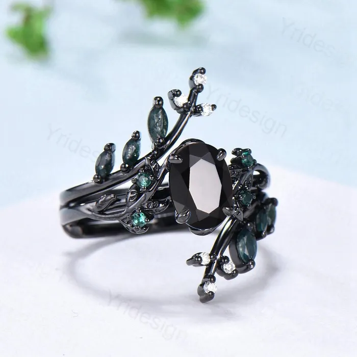 Rings PENFINE Unique gothic black gold onyx engagement ring set leaf nature inspired emerald wedding ring set twig vine marquise moss agate bridal set Rings PENFINE Unique gothic black gold onyx engagement ring set leaf nature inspired emerald wedding ring set twig vine marquise moss agate bridal set