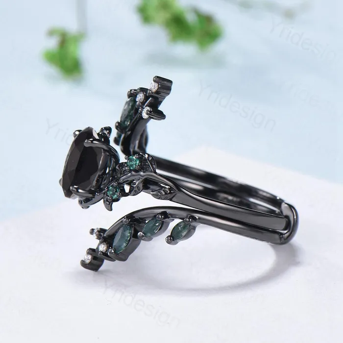 Rings PENFINE Unique gothic black gold onyx engagement ring set leaf nature inspired emerald wedding ring set twig vine marquise moss agate bridal set Rings PENFINE Unique gothic black gold onyx engagement ring set leaf nature inspired emerald wedding ring set twig vine marquise moss agate bridal set