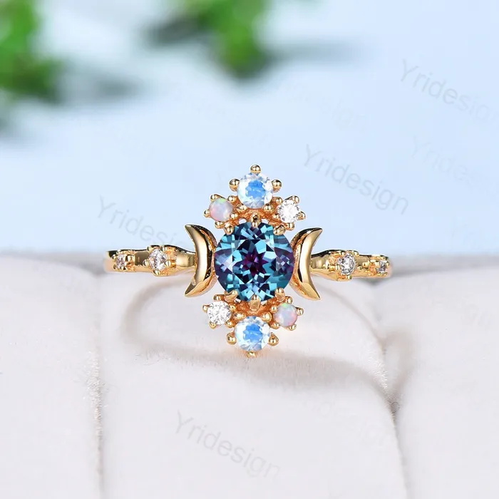 Unique alexandrite engagement ring 5mm dainty round color changing stone vintage cluster opal moonstone Boho wedding ring for women PENFINE Rings Unique alexandrite engagement ring 5mm dainty round color changing stone vintage cluster opal moonstone Boho wedding ring for women PENFINE Rings