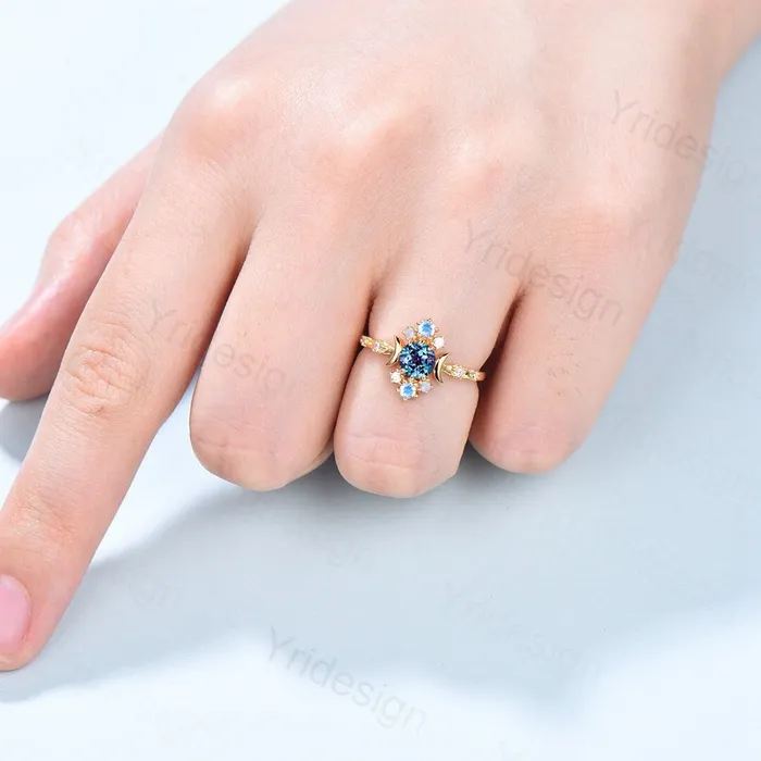 Unique alexandrite engagement ring 5mm dainty round color changing stone vintage cluster opal moonstone Boho wedding ring for women PENFINE Rings Unique alexandrite engagement ring 5mm dainty round color changing stone vintage cluster opal moonstone Boho wedding ring for women PENFINE Rings