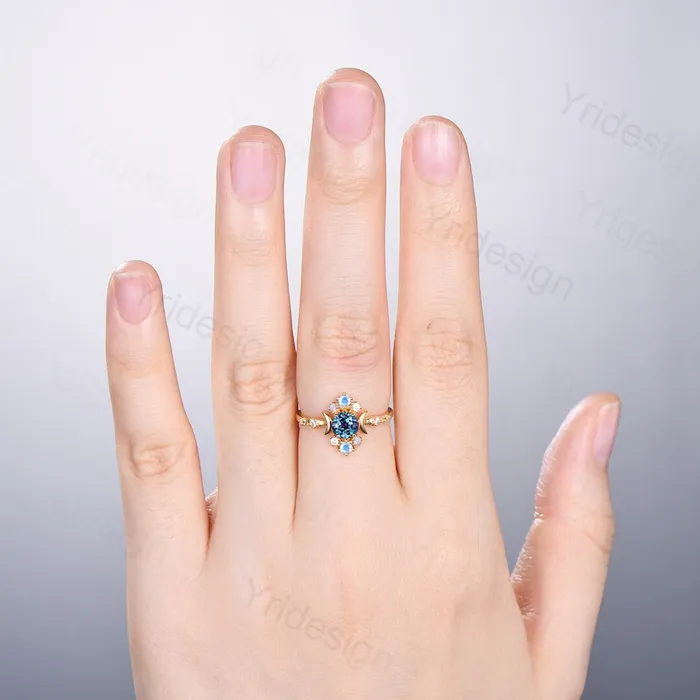 Unique alexandrite engagement ring 5mm dainty round color changing stone vintage cluster opal moonstone Boho wedding ring for women PENFINE Rings Unique alexandrite engagement ring 5mm dainty round color changing stone vintage cluster opal moonstone Boho wedding ring for women PENFINE Rings