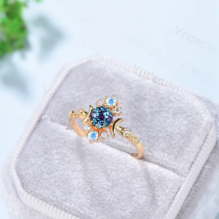 Unique alexandrite engagement ring 5mm dainty round color changing stone vintage cluster opal moonstone Boho wedding ring for women PENFINE Rings Unique alexandrite engagement ring 5mm dainty round color changing stone vintage cluster opal moonstone Boho wedding ring for women PENFINE Rings