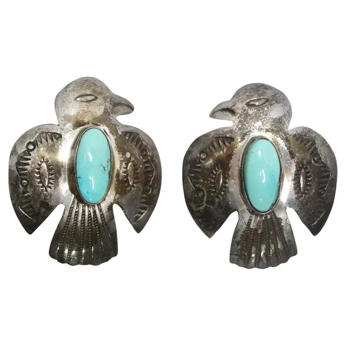 Vintage by Misty 1960s Native American Silver Turquoise Eagle Earrings Earrings