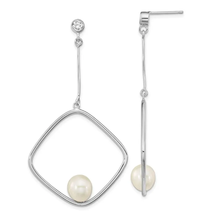 WB Choice Jewelry Earrings Sterling Silver Rhoplated 78mm White Rice FWC Pearl CZ Dangle EarringsWBCQE16353