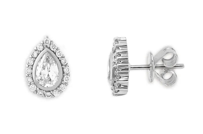 Albert Hern Earrings 18kt Gold Channel Pear Diamonds Halo Earrings