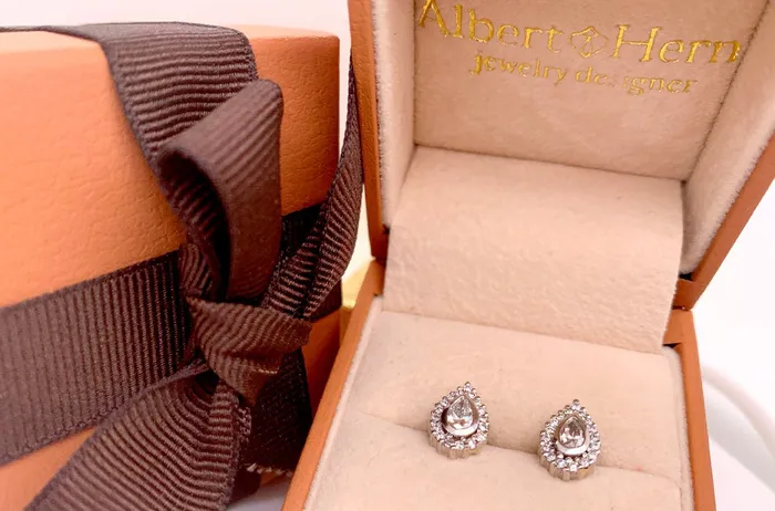 Albert Hern Earrings 18kt Gold Channel Pear Diamonds Halo Earrings