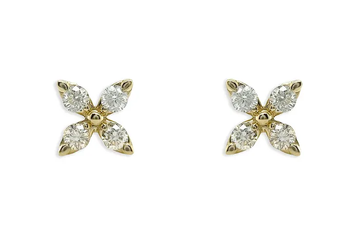 Albert Hern Mini Earrings 14kt Gold Flower Four Diamonds Studs Earrings