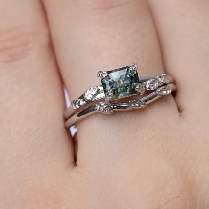 AlbrechtJewellery Rings Nature Inspired Leaf Engagement Ring Set with Teal Green Sapphire 14K White Gold AlbrechtJewellery Rings Nature Inspired Leaf Engagement Ring Set with Teal Green Sapphire 14K White Gold