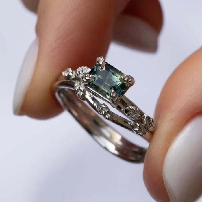 AlbrechtJewellery Rings Nature Inspired Leaf Engagement Ring Set with Teal Green Sapphire 14K White Gold AlbrechtJewellery Rings Nature Inspired Leaf Engagement Ring Set with Teal Green Sapphire 14K White Gold