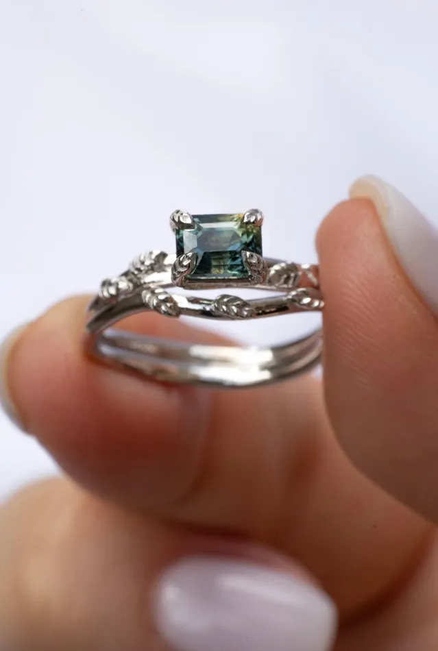 AlbrechtJewellery Rings Nature Inspired Leaf Engagement Ring Set with Teal Green Sapphire 14K White Gold AlbrechtJewellery Rings Nature Inspired Leaf Engagement Ring Set with Teal Green Sapphire 14K White Gold