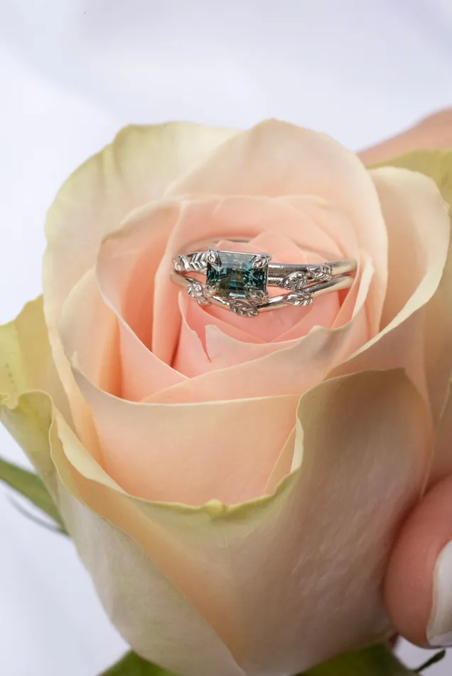 AlbrechtJewellery Rings Nature Inspired Leaf Engagement Ring Set with Teal Green Sapphire 14K White Gold AlbrechtJewellery Rings Nature Inspired Leaf Engagement Ring Set with Teal Green Sapphire 14K White Gold