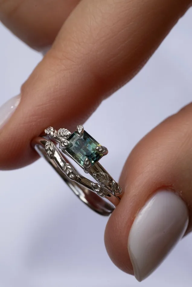 AlbrechtJewellery Rings Nature Inspired Leaf Engagement Ring Set with Teal Green Sapphire 14K White Gold AlbrechtJewellery Rings Nature Inspired Leaf Engagement Ring Set with Teal Green Sapphire 14K White Gold
