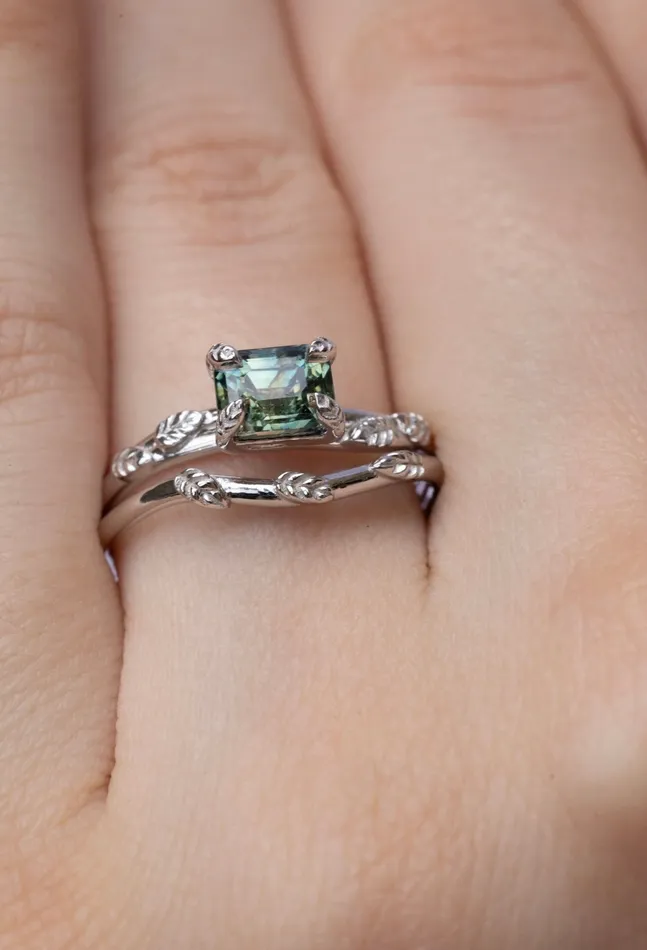 AlbrechtJewellery Rings Nature Inspired Leaf Engagement Ring Set with Teal Green Sapphire 14K White Gold AlbrechtJewellery Rings Nature Inspired Leaf Engagement Ring Set with Teal Green Sapphire 14K White Gold