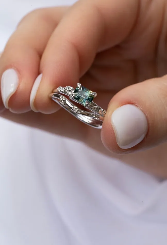 AlbrechtJewellery Rings Nature Inspired Leaf Engagement Ring Set with Teal Green Sapphire 14K White Gold AlbrechtJewellery Rings Nature Inspired Leaf Engagement Ring Set with Teal Green Sapphire 14K White Gold