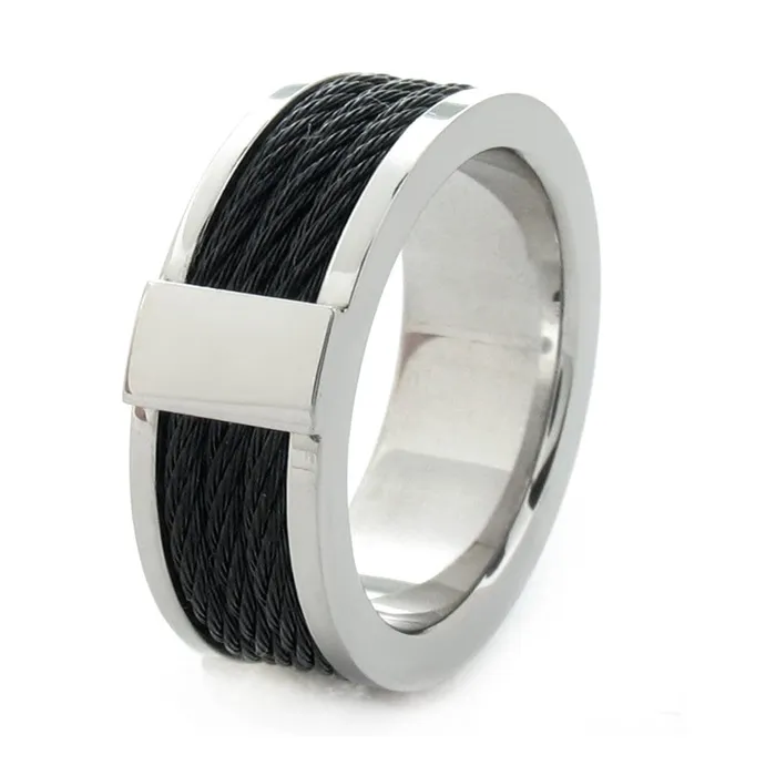 Black and Silver Tone Stainless Steel Ring with Three Inlaid Cables INOX JEWELRY Rings Black and Silver Tone Stainless Steel Ring with Three Inlaid Cables INOX JEWELRY Rings