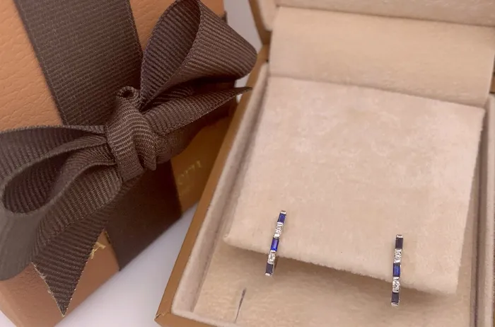 Earrings Albert Hern Earrings 14kt Gold Huggies Baguette Sapphires Diamonds Earrings Albert Hern Earrings 14kt Gold Huggies Baguette Sapphires Diamonds