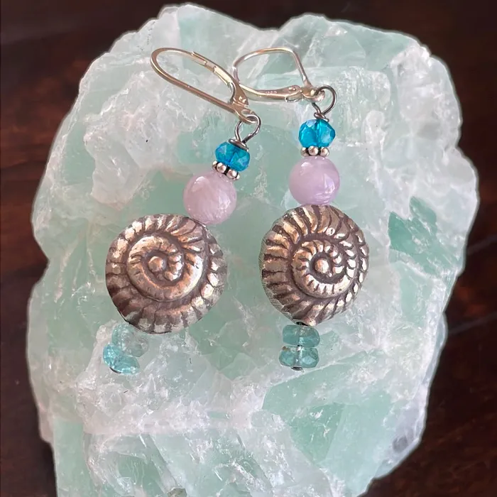 Earrings Vintage Paris Jewelry Sea Shell Earrings Lavender Jade and Apatite Sterling Silver Vintage