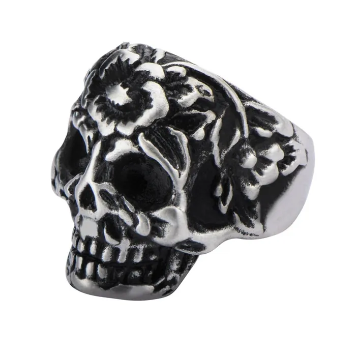 INOX JEWELRY Rings Antiqued Silver Tone Stainless Steel Flower Head Skull Ring INOX JEWELRY Rings Antiqued Silver Tone Stainless Steel Flower Head Skull Ring