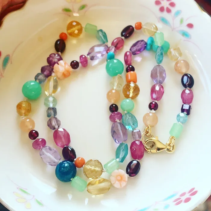 Necklaces Love Vintage Paris Rainbow Gemstone Necklace Silk knotted Gold Filed One of a kind Handmade Necklaces Love Vintage Paris Rainbow Gemstone Necklace Silk knotted Gold Filed One of a kind Handmade