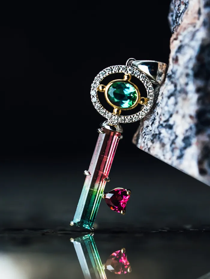 Necklaces The Standout Design 14k White and Yellow Gold Tourmaline and Diamond Key Pendant