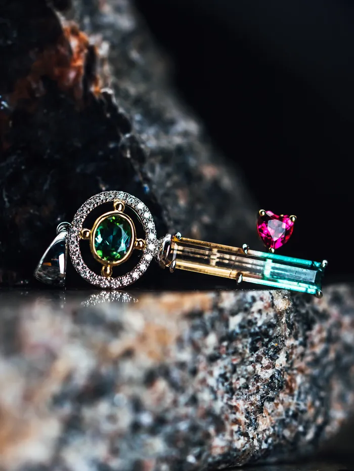 Necklaces The Standout Design 14k White and Yellow Gold Tourmaline and Diamond Key Pendant