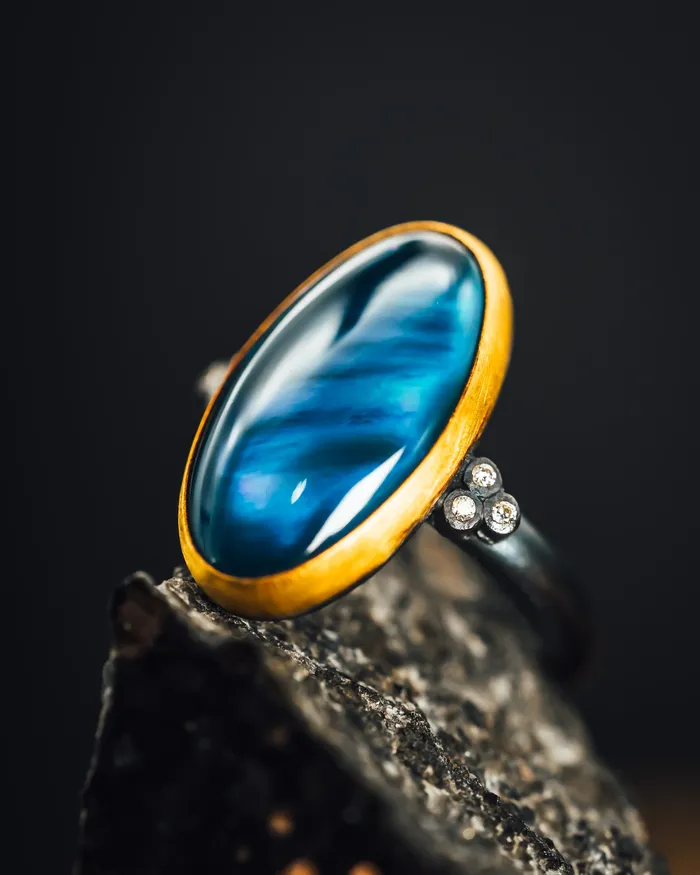 Oxidized Sterling Silver and 24k Yellow Gold London Blue Topaz and Diamond Ring Lika Behar Rings Oxidized Sterling Silver and 24k Yellow Gold London Blue Topaz and Diamond Ring Lika Behar Rings