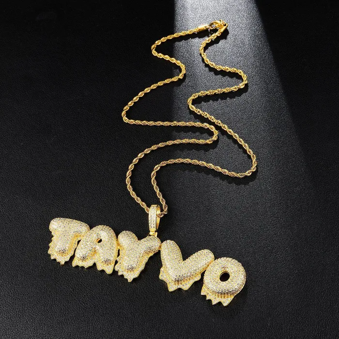 Custom Iced Out Drip Bubble Name Letter Pendant Bling Proud Necklaces