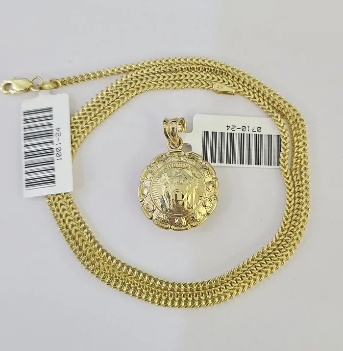 Gold and Diamond 10K Franco Chain Jesus Mary Pendant Charm Necklace 1624 2mm Gold SET Yellow Necklaces Gold and Diamond 10K Franco Chain Jesus Mary Pendant Charm Necklace 1624 2mm Gold SET Yellow Necklaces