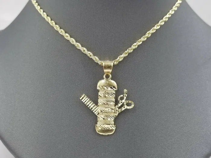 Gold and Diamond 10k Gold Barber Scissor Comb Charm Pendant 25mm Rope Chain 18 20 22 24 26 28 Charm Necklaces