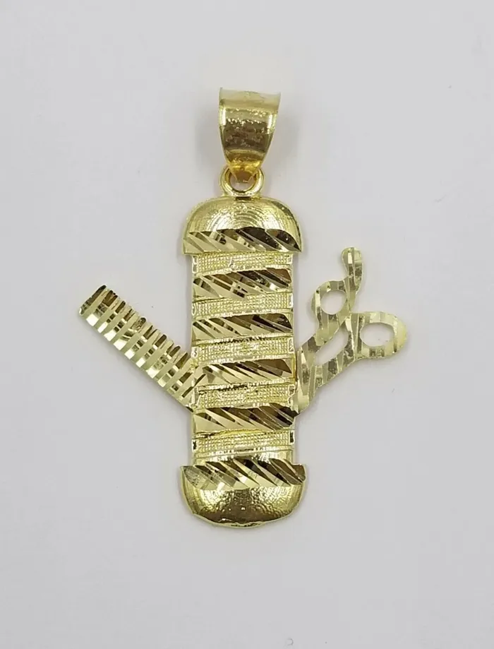 Gold and Diamond 10k Gold Barber Scissor Comb Charm Pendant 25mm Rope Chain 18 20 22 24 26 28 Charm Necklaces