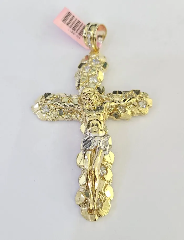 Gold and Diamond Charm Necklaces 14k Jesus Christ Cross Charm Pendant Nugget Yellow Gold REAL Genuine 14kt