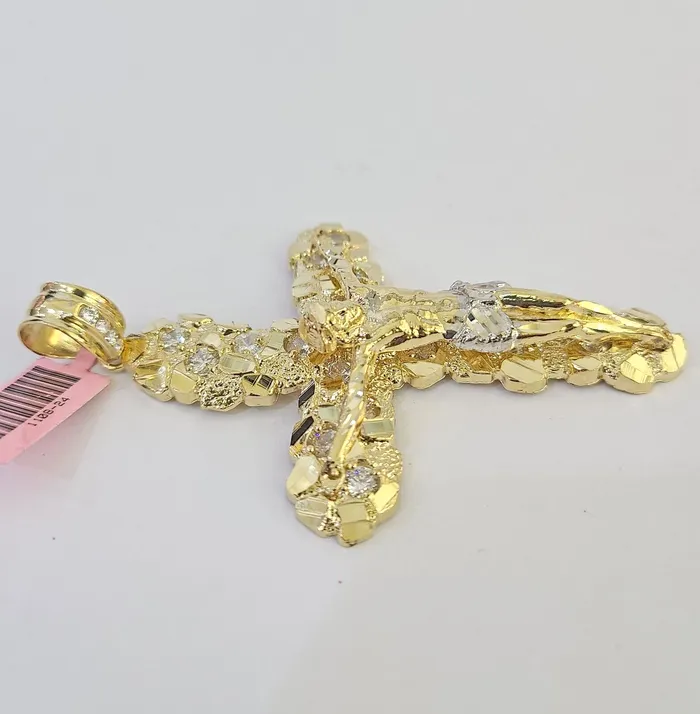 Gold and Diamond Charm Necklaces 14k Jesus Christ Cross Charm Pendant Nugget Yellow Gold REAL Genuine 14kt