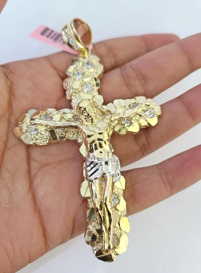 Gold and Diamond Charm Necklaces 14k Jesus Christ Cross Charm Pendant Nugget Yellow Gold REAL Genuine 14kt