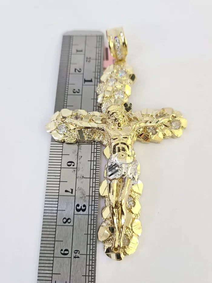 Gold and Diamond Charm Necklaces 14k Jesus Christ Cross Charm Pendant Nugget Yellow Gold REAL Genuine 14kt
