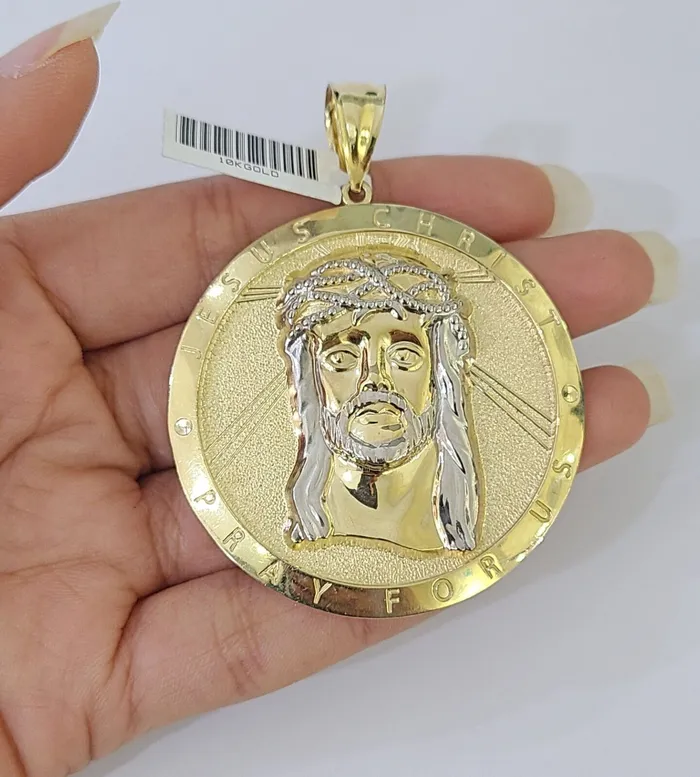 Gold and Diamond Charm Necklaces Real 10K Yellow Gold Jesus Crist Pendant Charm Diamond Cut Circular Genuine