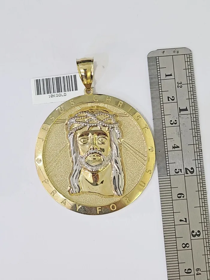 Gold and Diamond Charm Necklaces Real 10K Yellow Gold Jesus Crist Pendant Charm Diamond Cut Circular Genuine